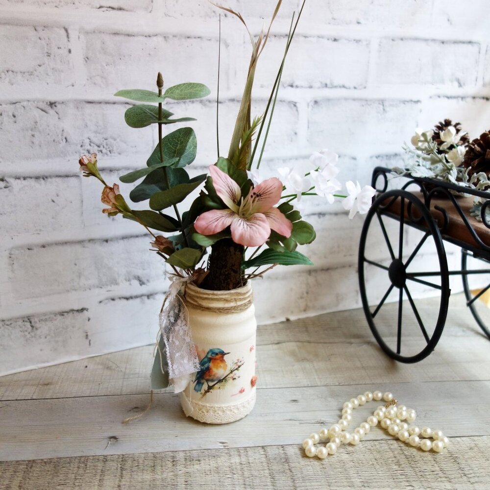 Rustic Bluebird Vase with Florals Shabby Chic Songbird Vase French Country Vase